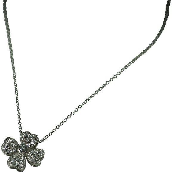 “4 LEAF CLOVER ” PENDANT NECKLACE, CUBIC ZIRCONIA CENTER & PAVE CRYSTALS, STERLI - Picture 1 of 2
